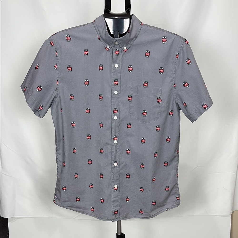 Gray Button-down Shirt with Red Pattern
